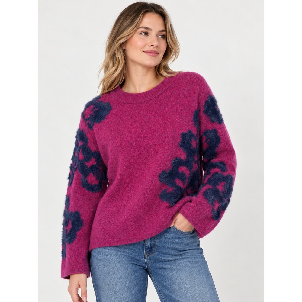 Sam and Jess Magenta Pink Navy Blue Floral Eyelash Knit Crewneck Sweater Large